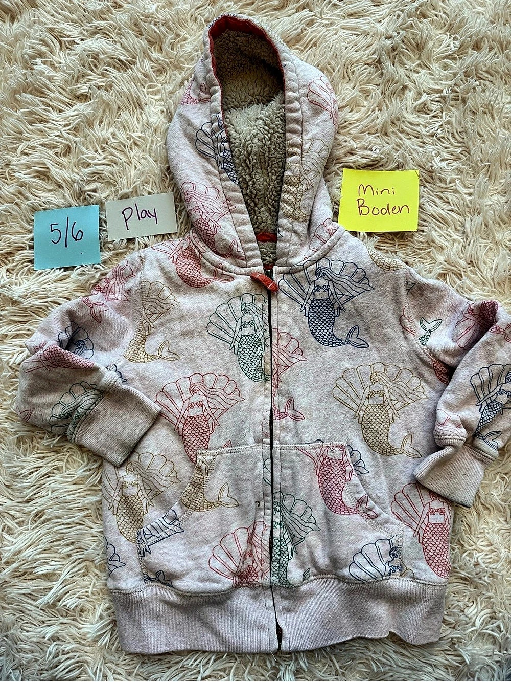Mini Boden Girls Size 5/6 Mermaid Print Hooded Sherpa zip Jacket